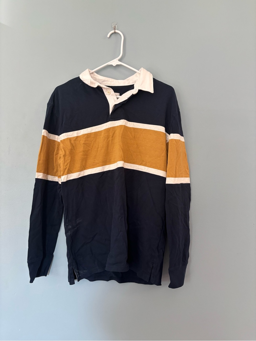 Goodfellow & Co Navy and Mustard Long Sleeve Rugby Polo